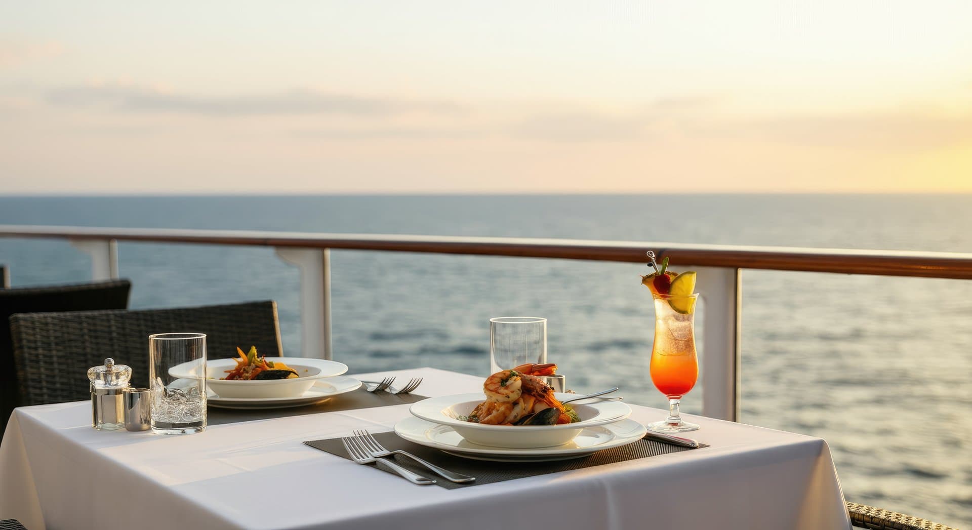 Man photographing island from cruise ship deck at sunset