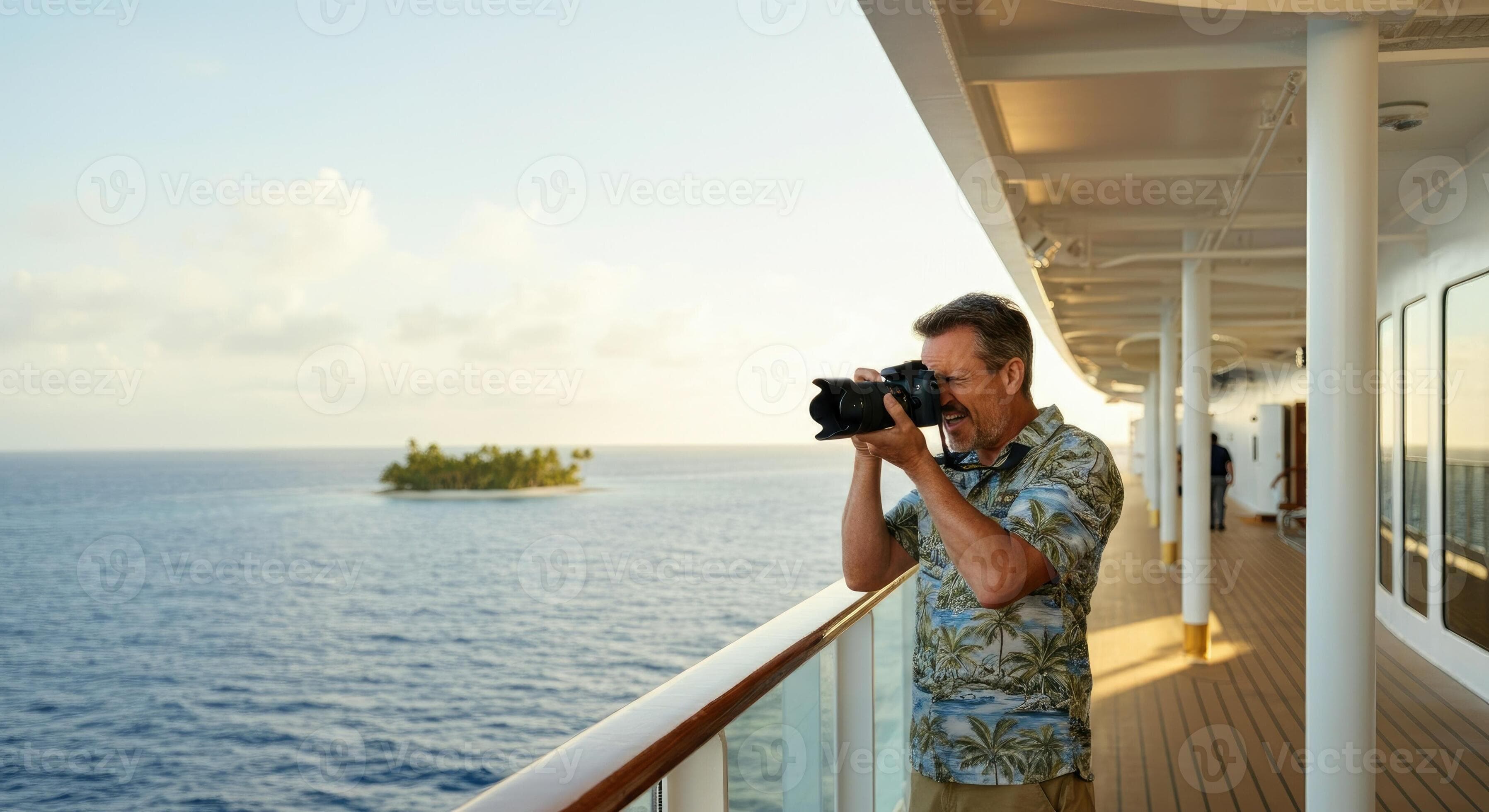 Man photographing island from cruise ship deck at sunset