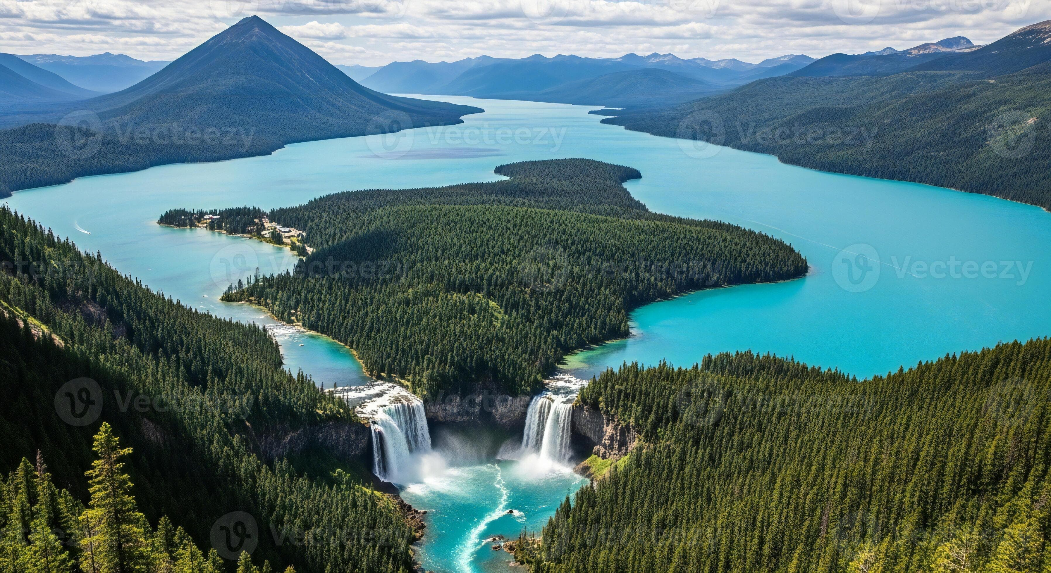 Nature background, Nature wallpaper, Stunning turquoise lake with dense green forests and powerful waterfalls cascading down cliffs