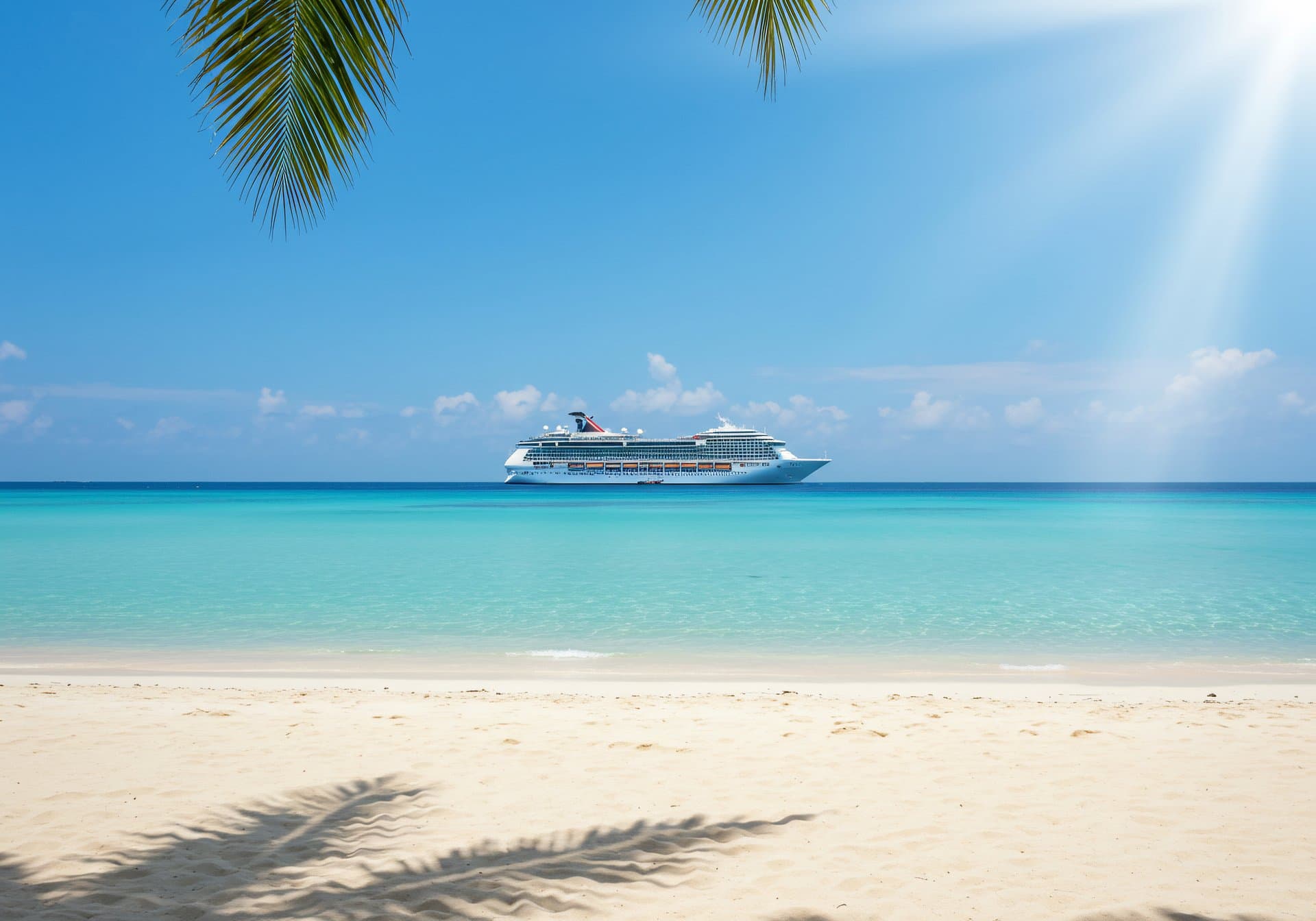 Tropical beach landscape with crystal clear turquoise ocean water, white sandy shoreline and dramatic cloud formations beneath a vivid blue sky in bright daylight