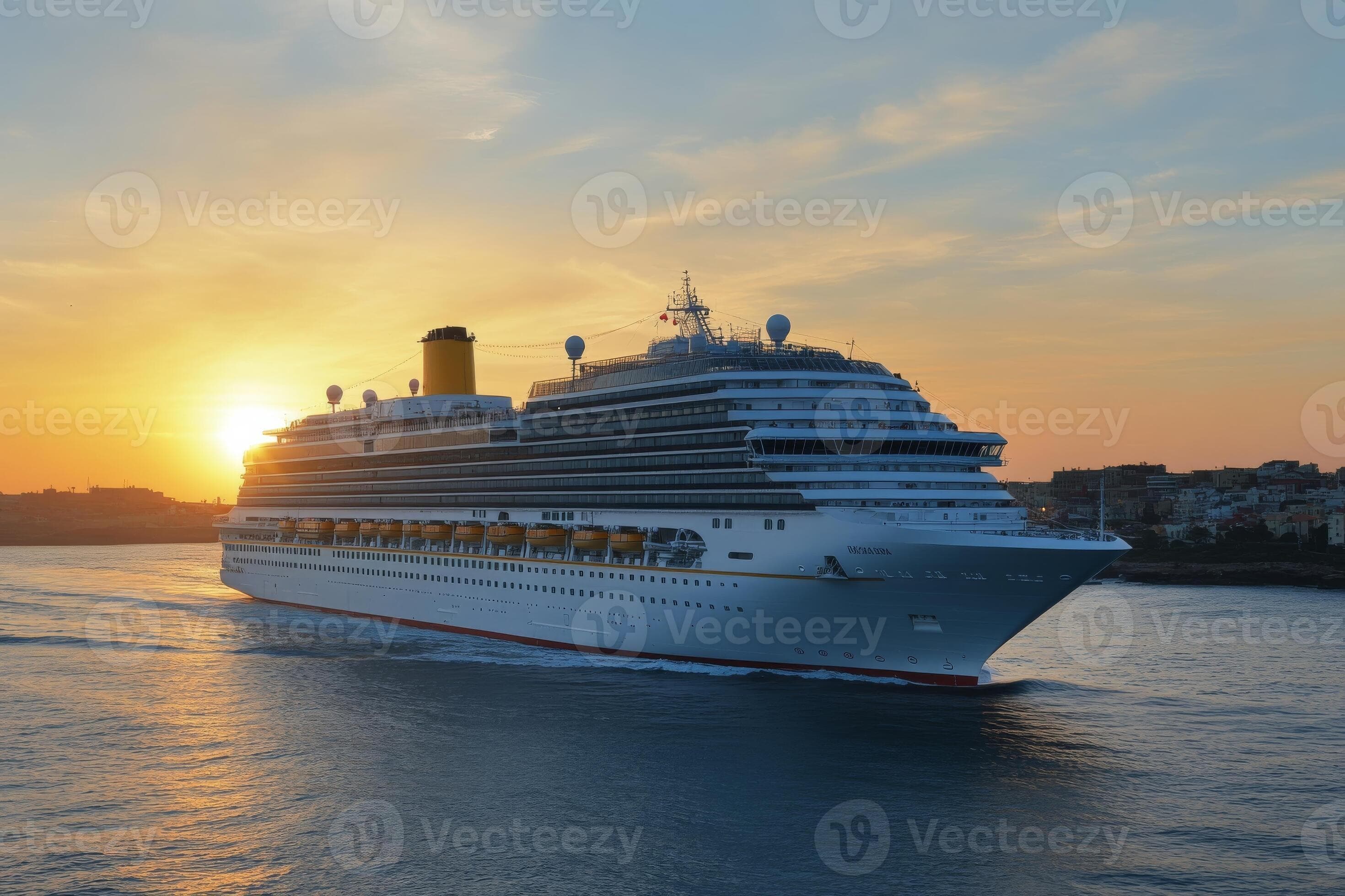 Cruise ship sailing past a sunset over the coast with vibrant colors in the sky.
