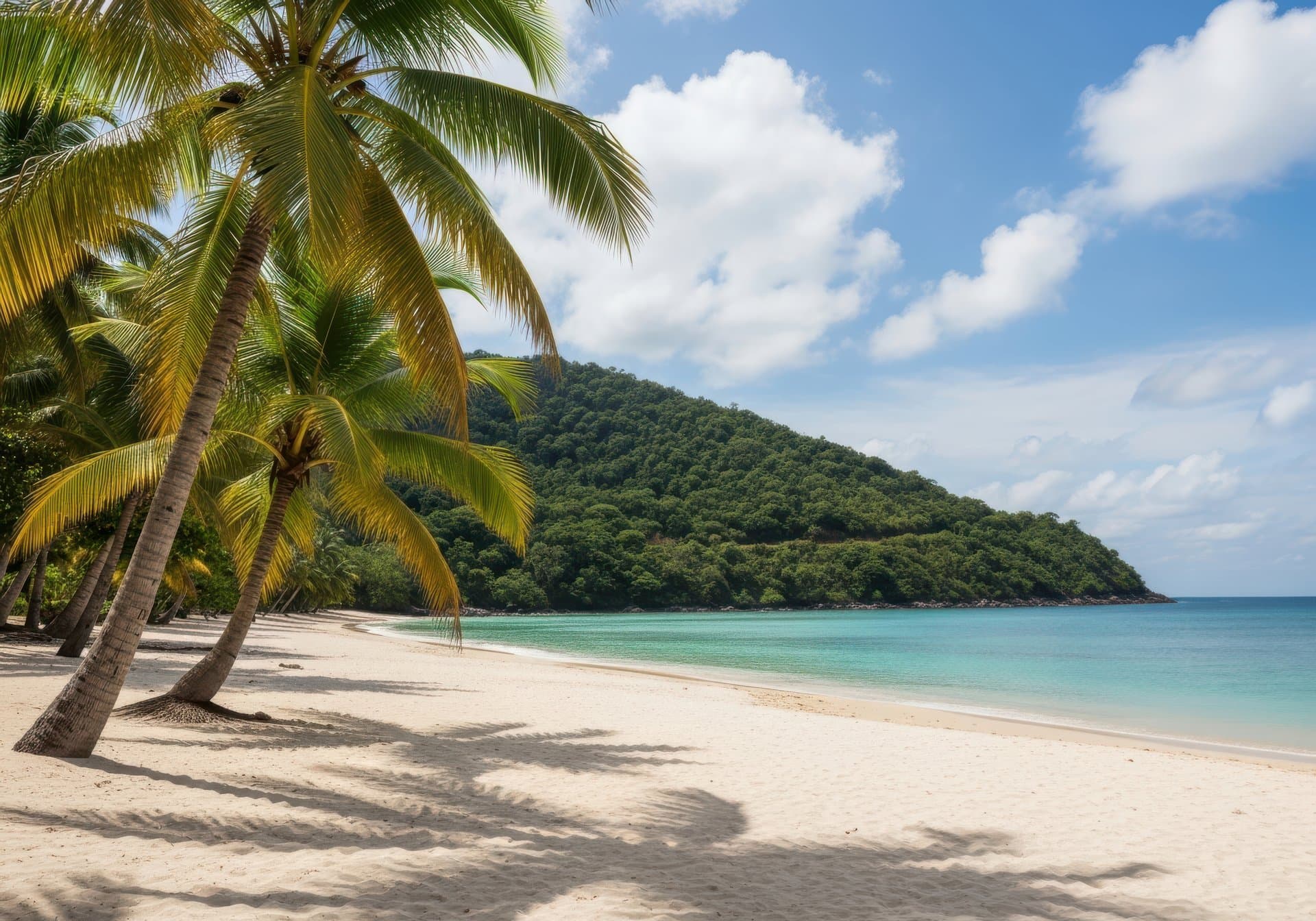 Tropical beach landscape with crystal clear turquoise ocean water, white sandy shoreline and dramatic cloud formations beneath a vivid blue sky in bright daylight