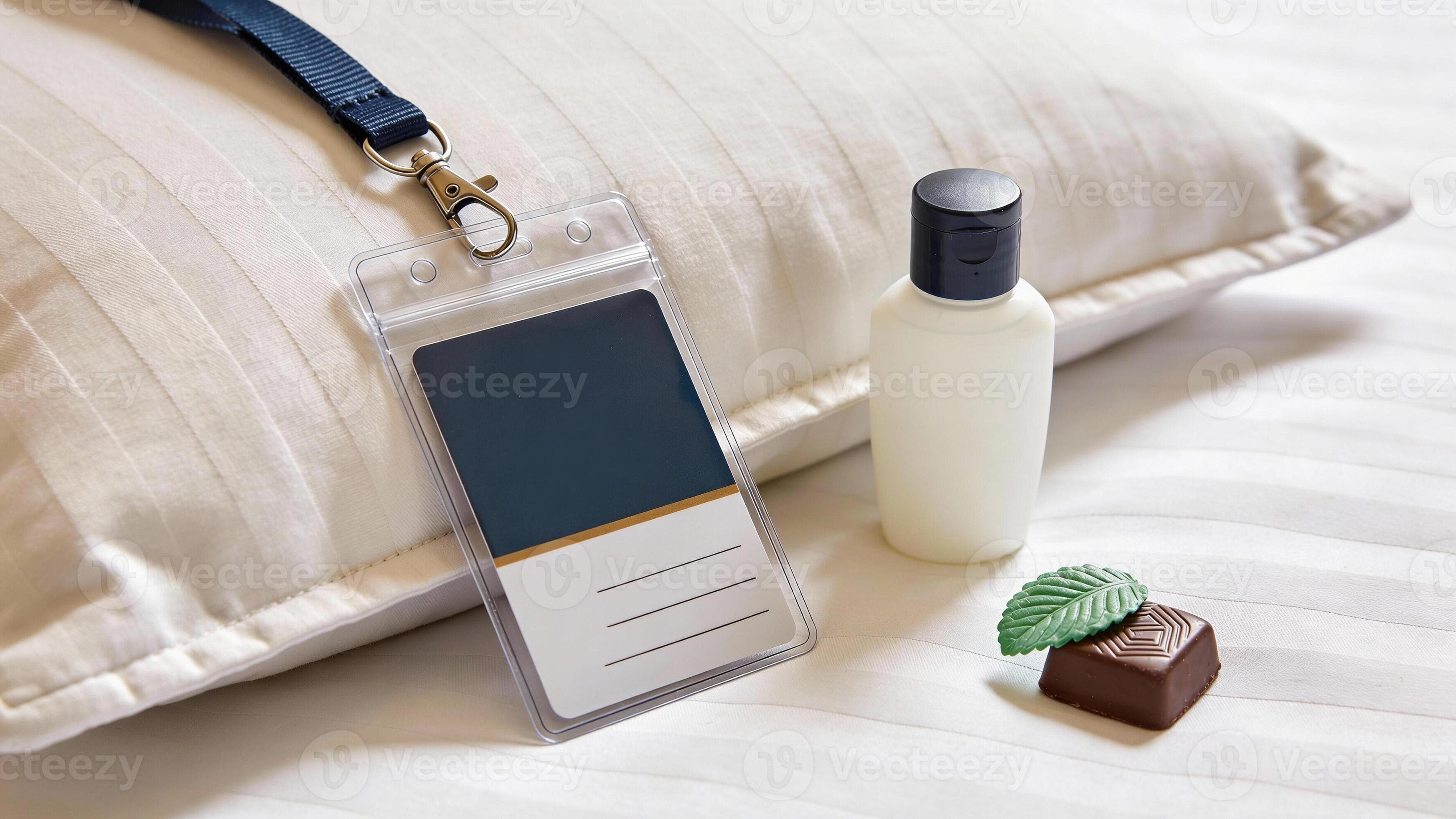 Travel essentials on a pillow in a hotel room with a name tag, lotion, and chocolate