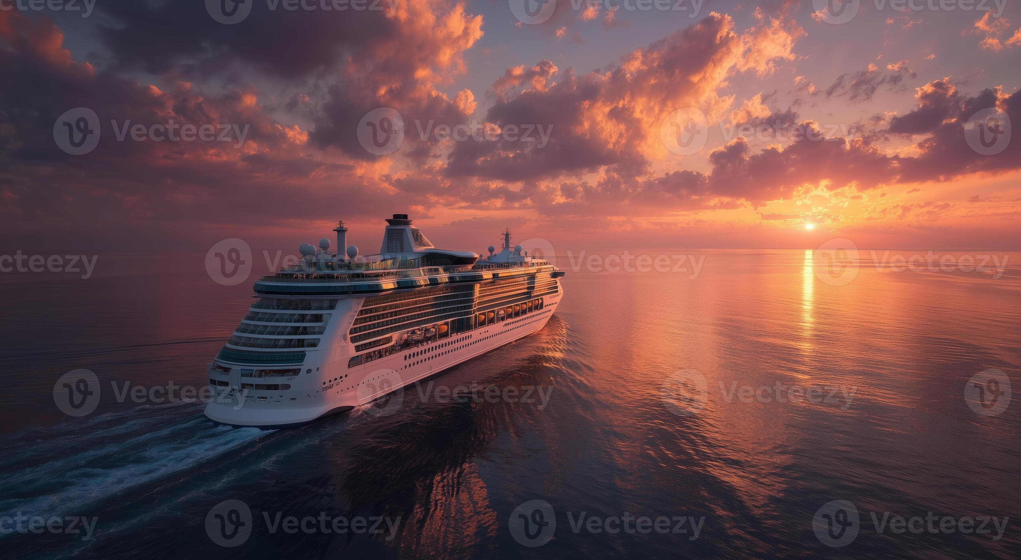 Cruise Ship Sailing Through Calm Waters During a Vibrant Sunset Over the Ocean
