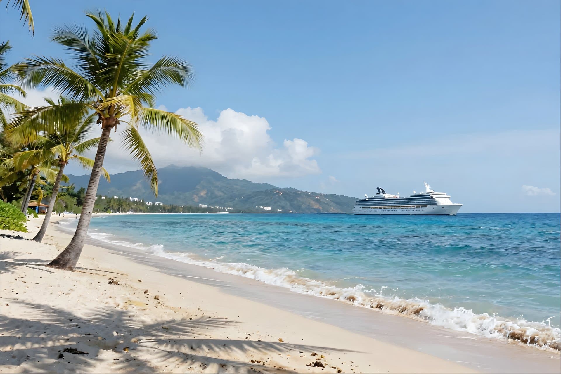 Cruise ship on the beach with palm trees and a white sand beach