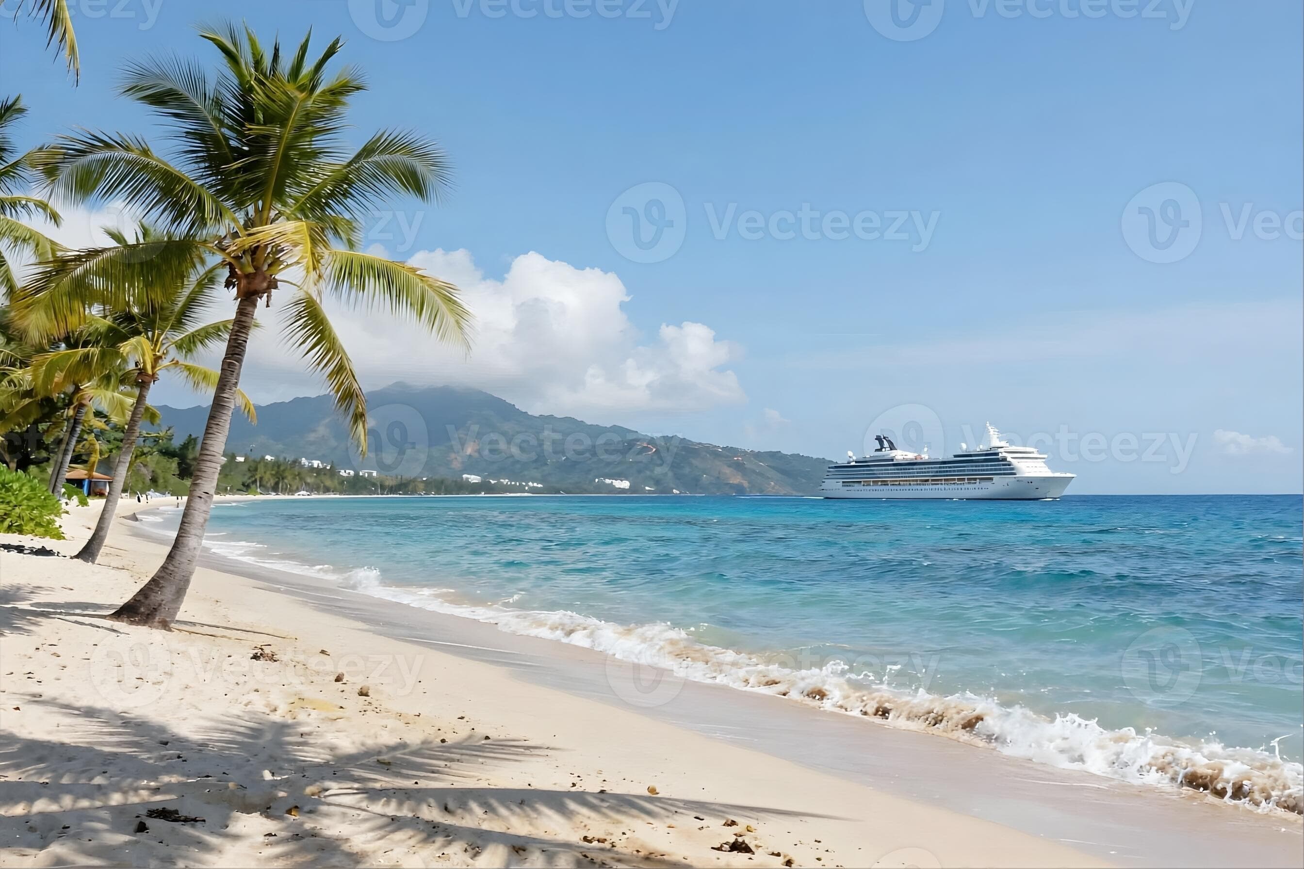 Cruise ship on the beach with palm trees and a white sand beach