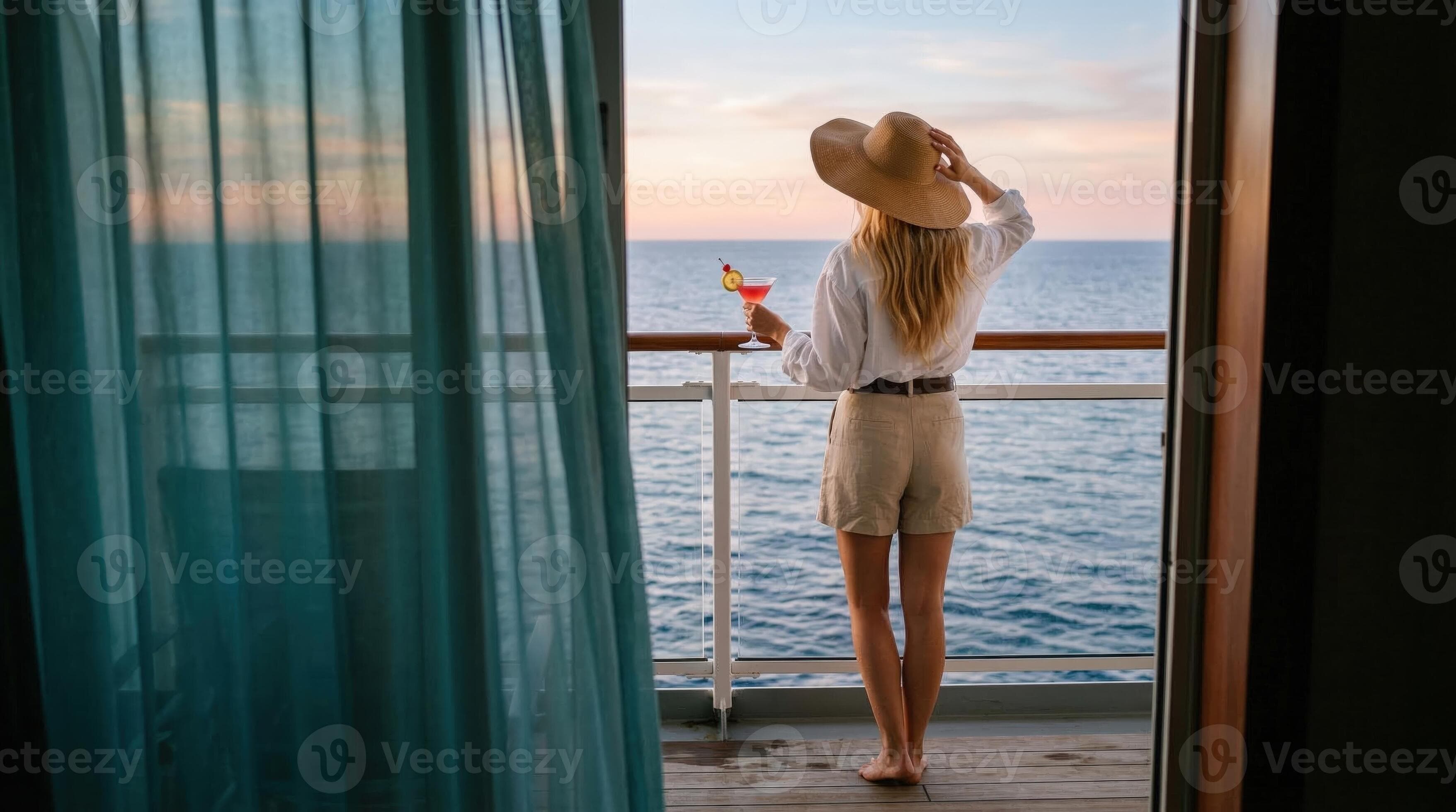 A woman in a hat and shorts standing on the balcony of a cruise ship,.
