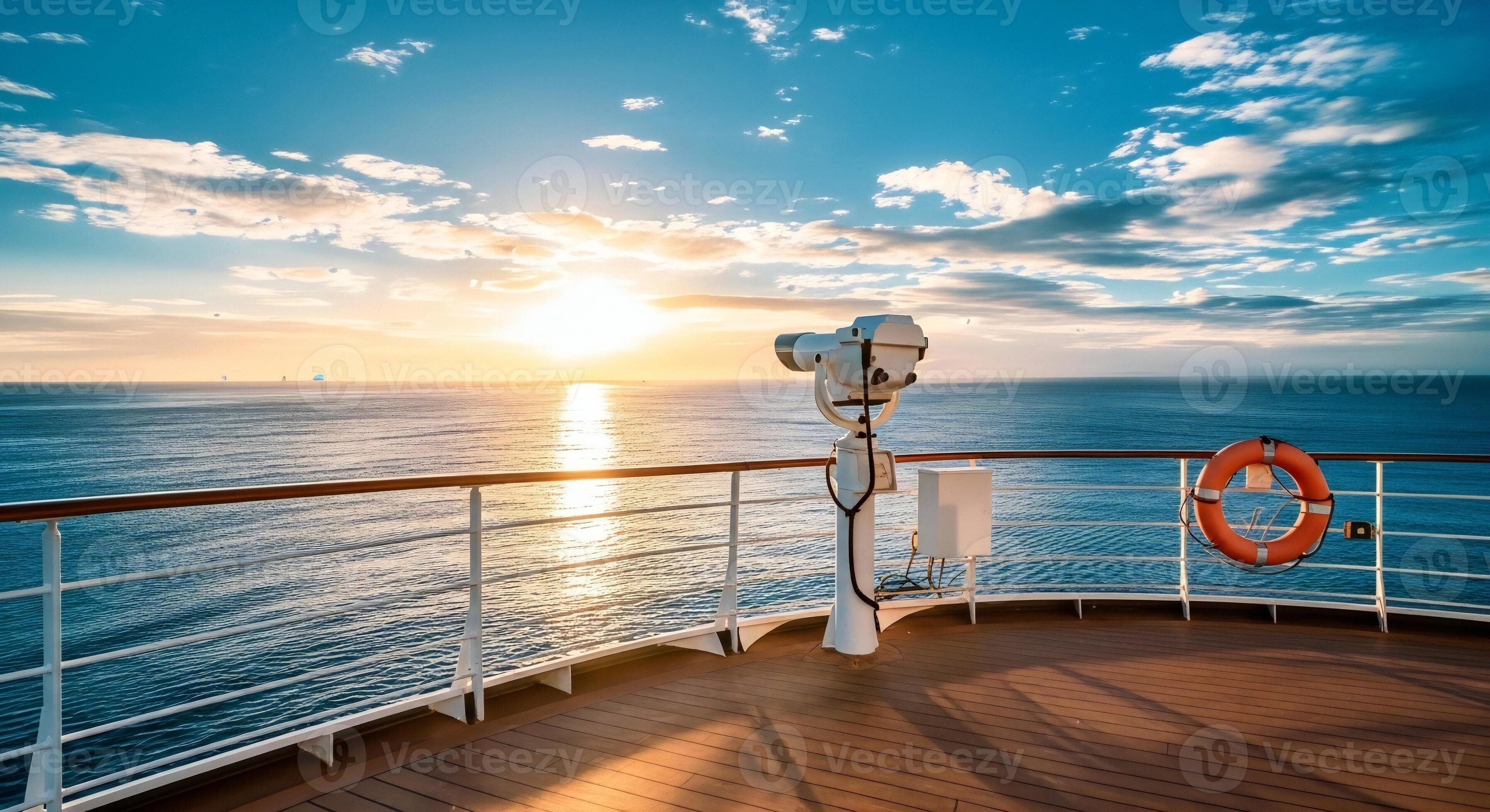 Scenic ocean view from ship deck at sunrise with binoculars and lifebuoy