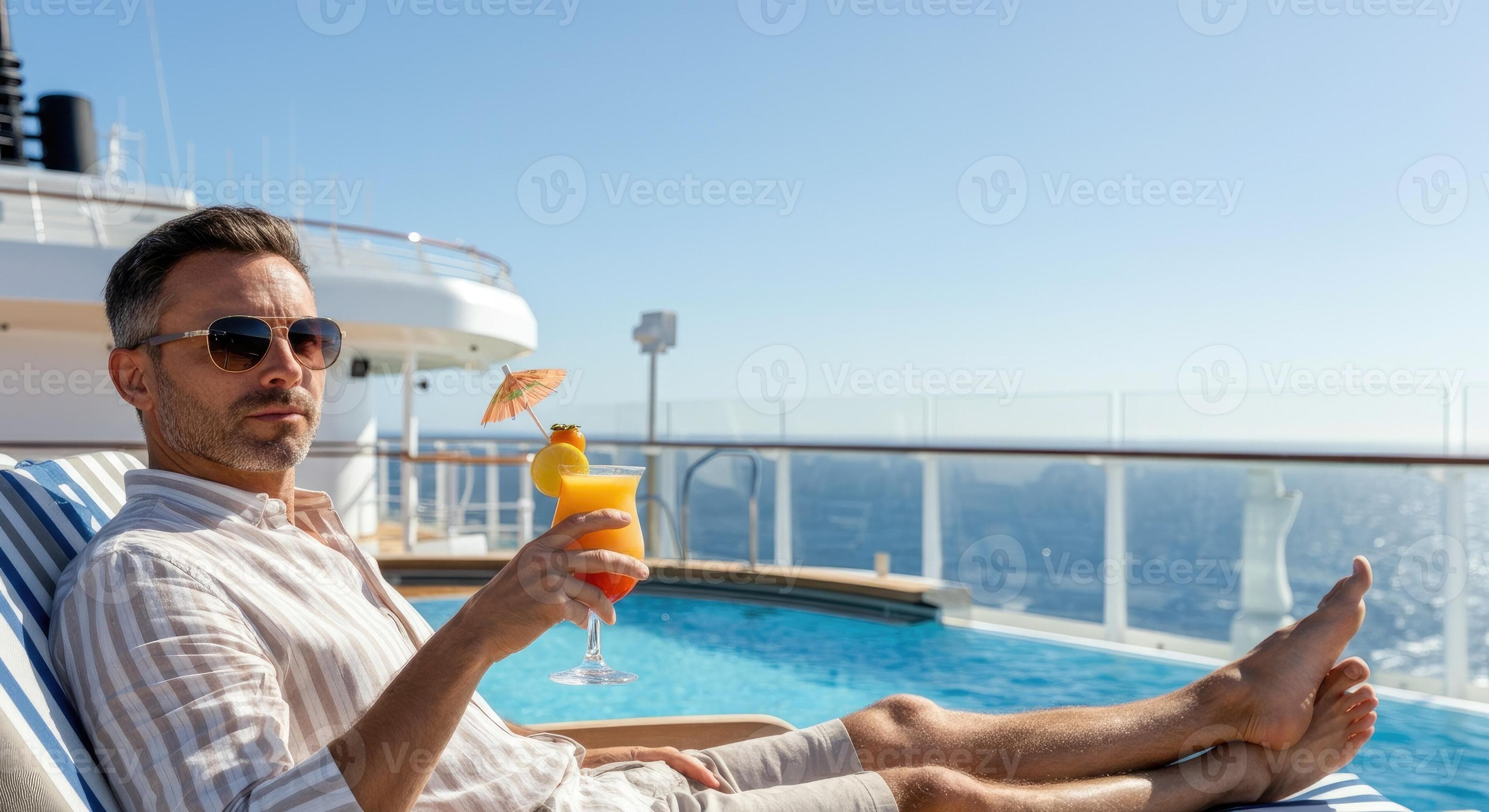 Man relaxing by pool on cruise ship, sipping cocktail, sunny day