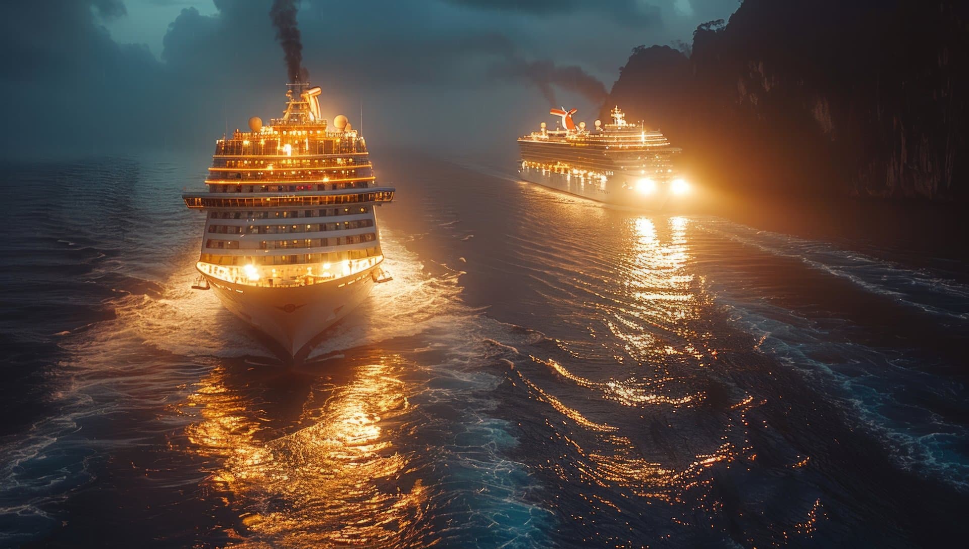Cruise ships sailing at night illuminated on the ocean