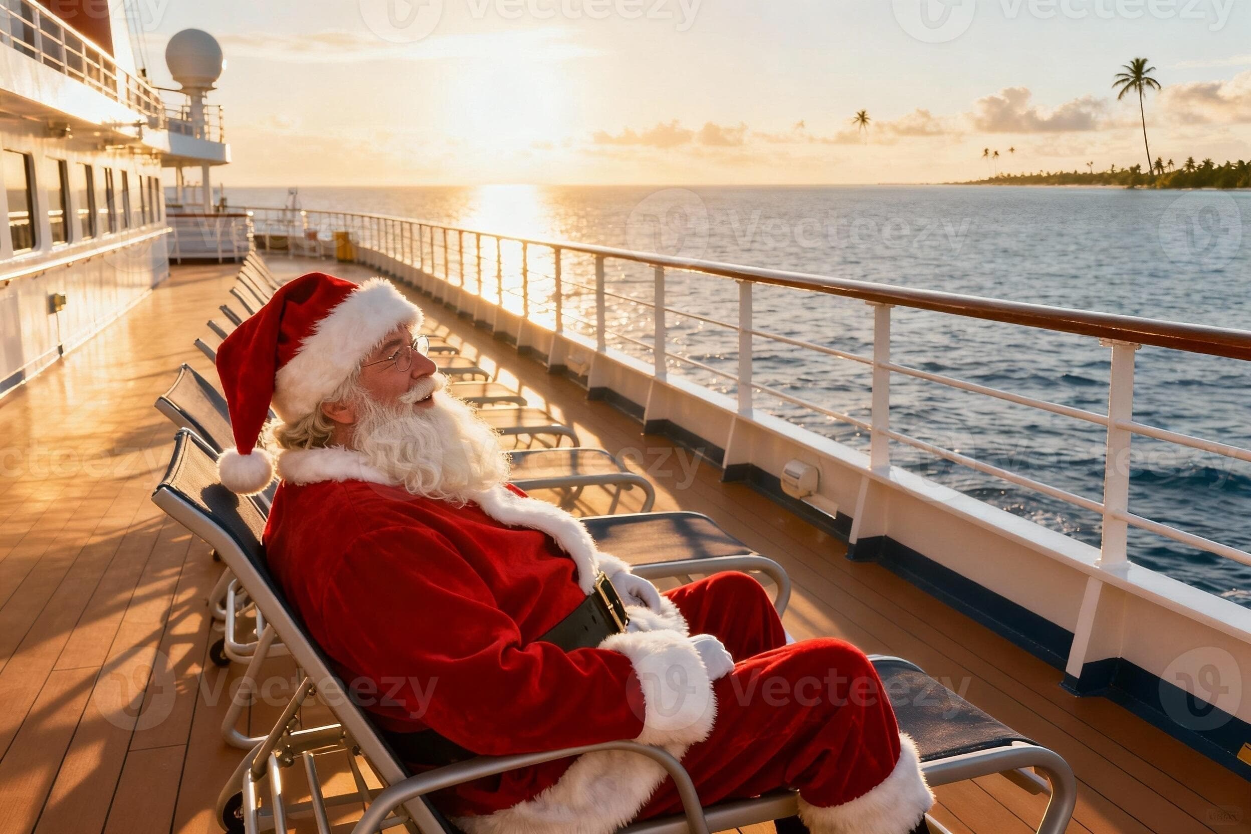 Santa Claus relaxing on a cruise ship deck, enjoying the sunset over the ocean, surrounded by empty lounge chairs, creating a festive holiday atmosphere with tropical scenery