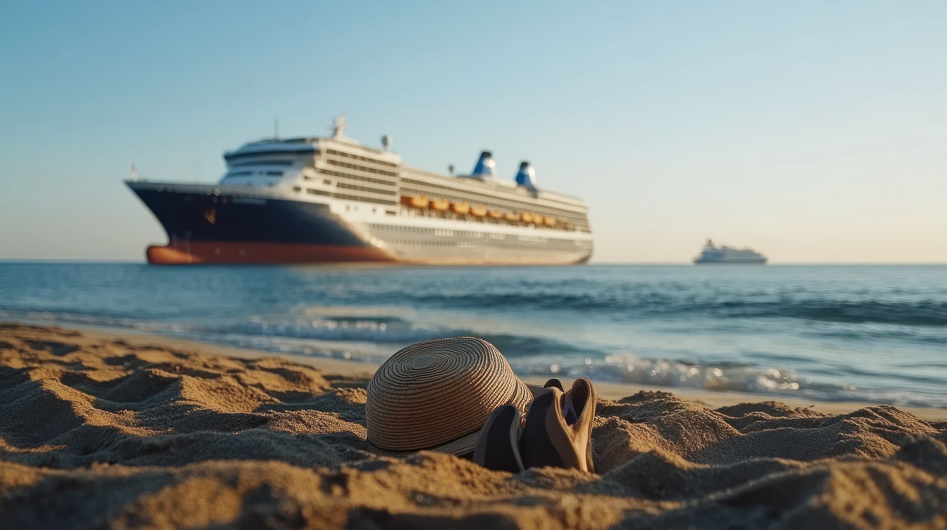 Large cruise ship docked at tropical island with clear blue water and palm trees