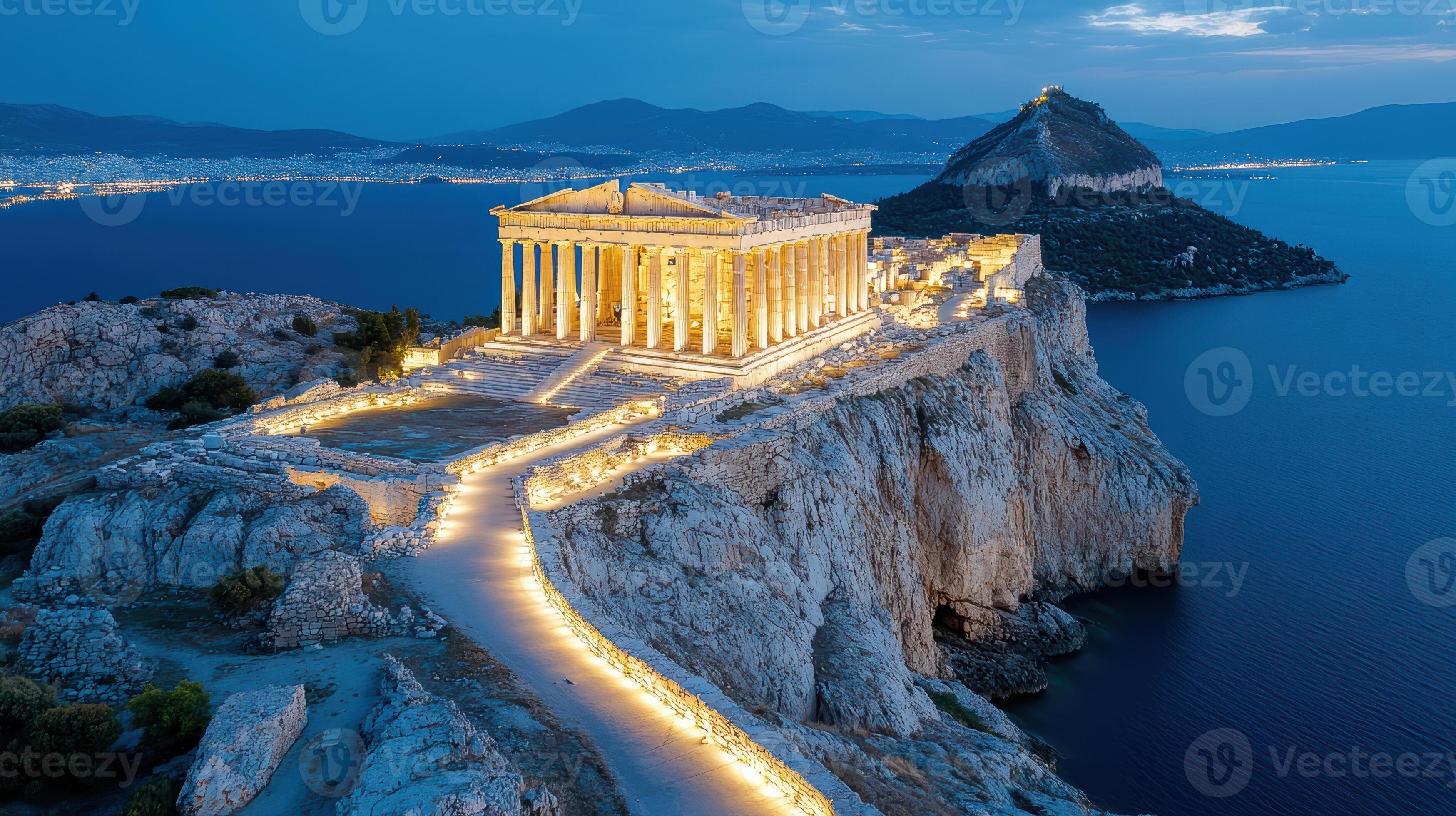 Ancient ruins illuminated at dusk, showcasing stunning architecture and scenic views