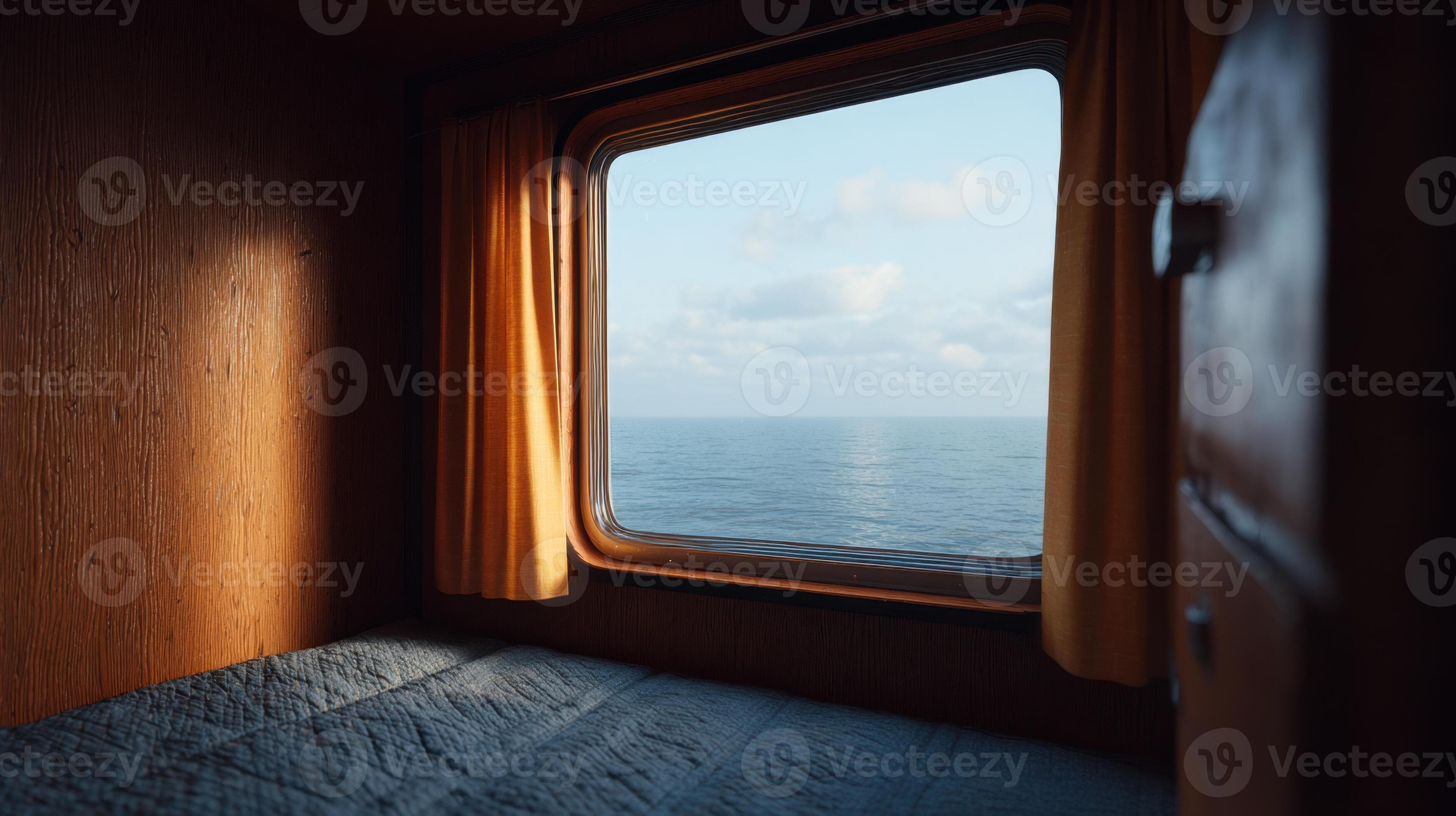 Cozy cabin interior with ocean view through window showcasing tranquility and serenity in nautical environment