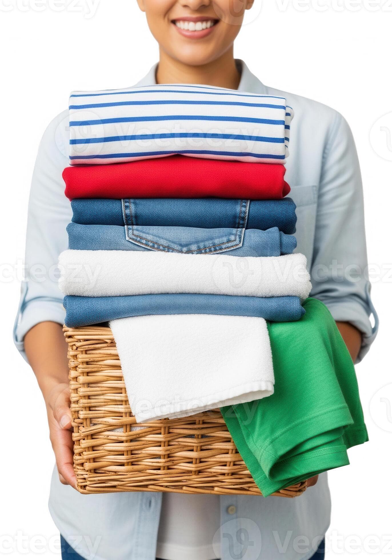 Person holding a basket filled with towels and a bottle of soap