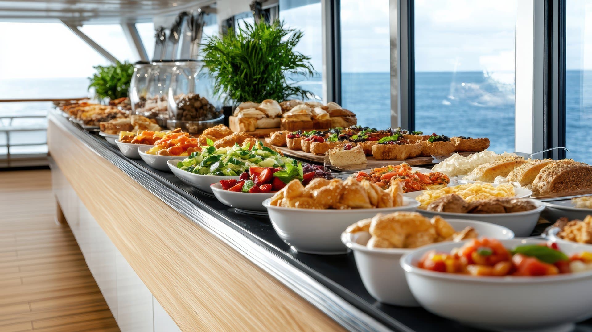 Buffet on a cruise ship with food on the table