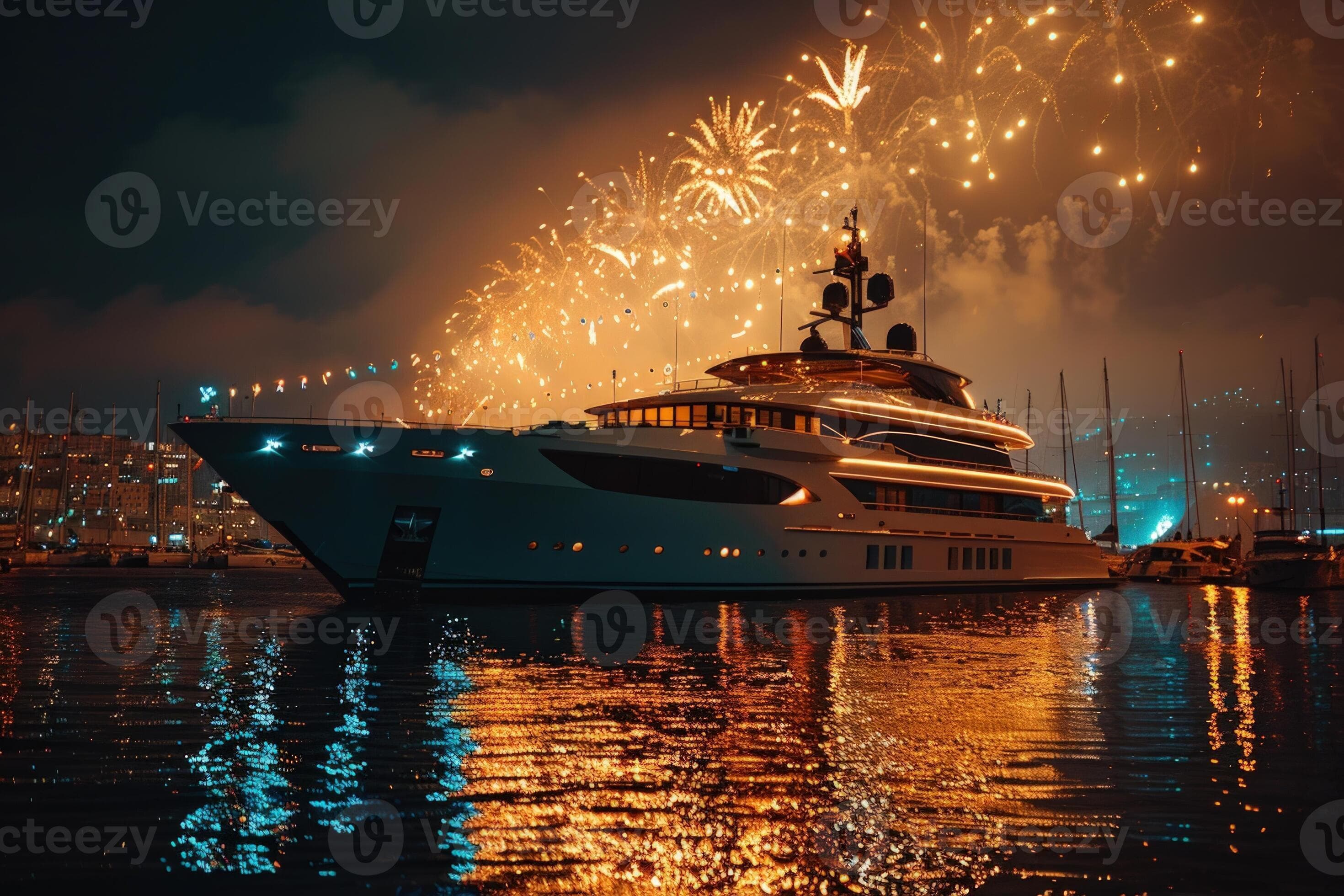 Luxury yacht celebration with fireworks at night