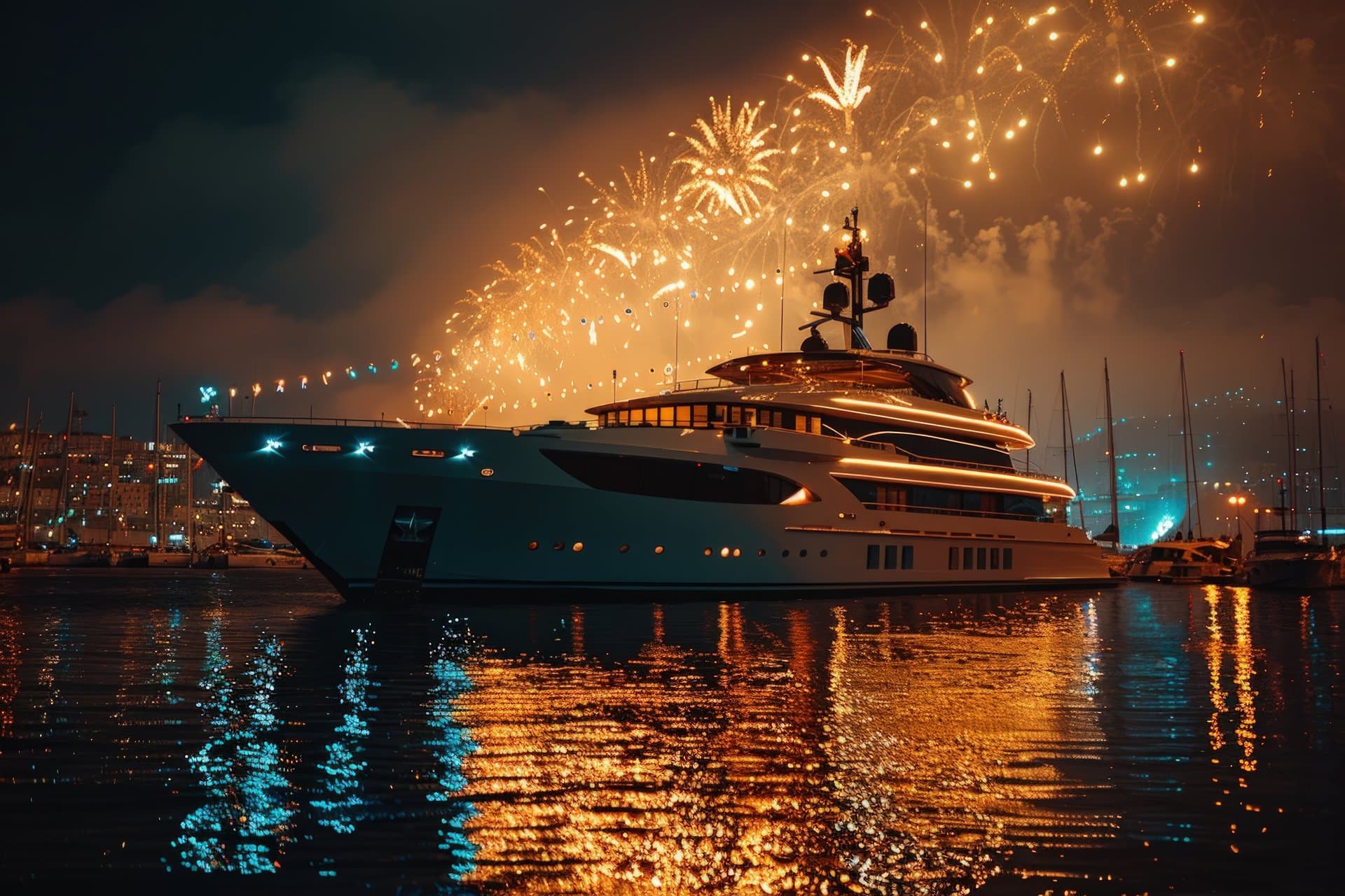 Luxury yacht celebration with fireworks at night