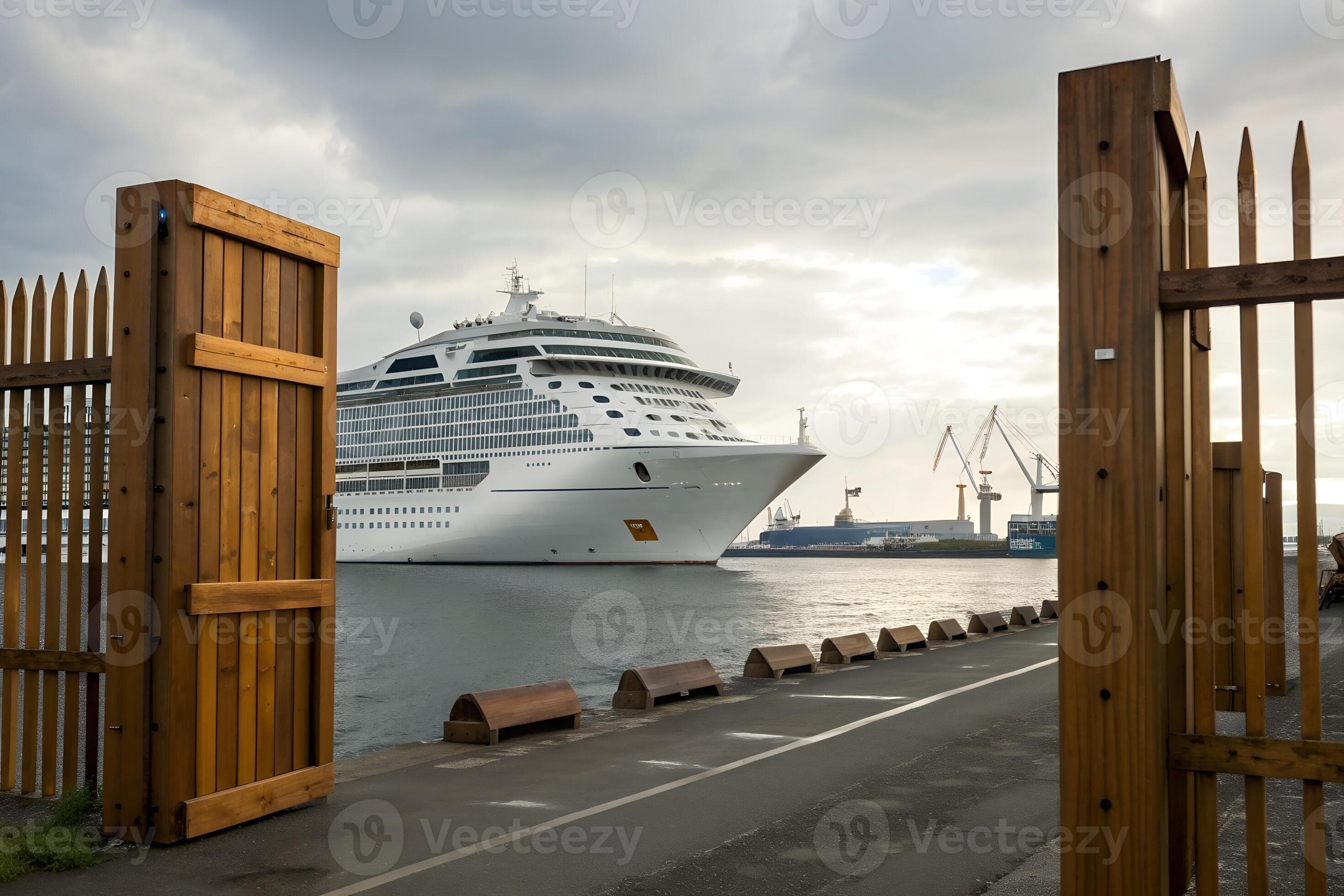 Cruise Ship Arriving at Port Through Wooden Gate