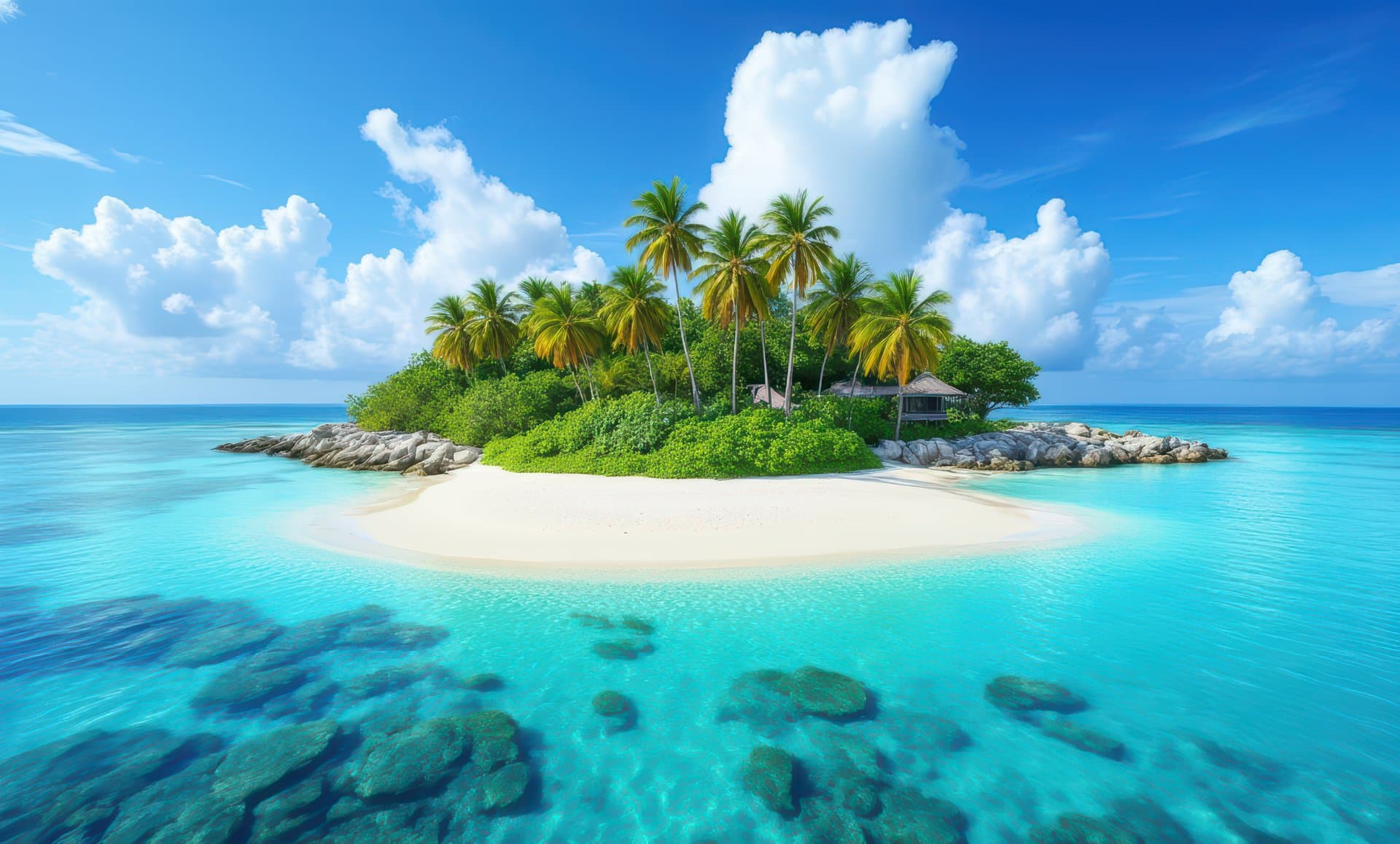 An island with palm trees and a house on it