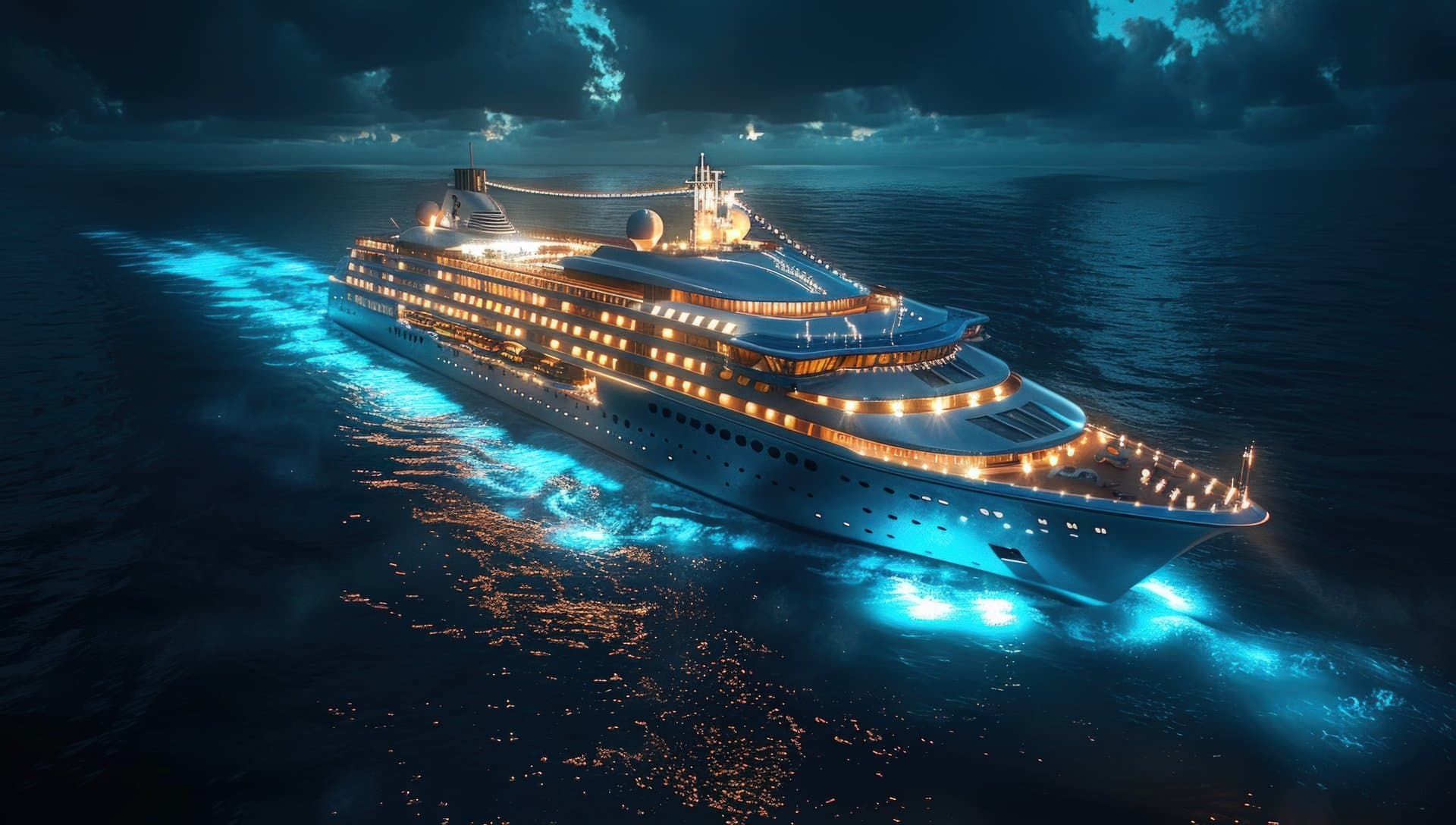 Illuminated cruise ship sailing on dark ocean at night for luxury travel and holiday concepts