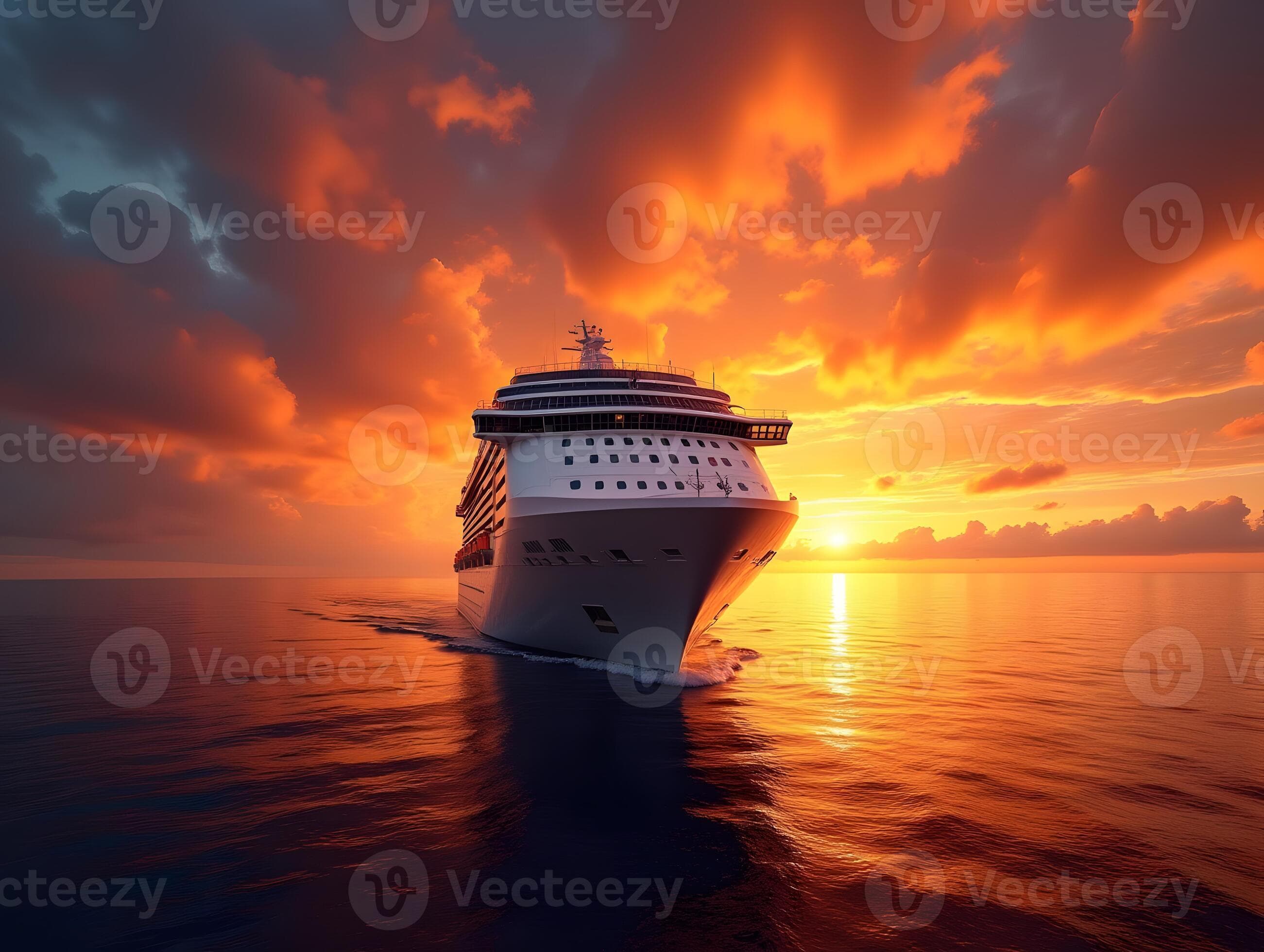 Luxury Cruise Ship Sailing at Sunset Over Calm Ocean Waters