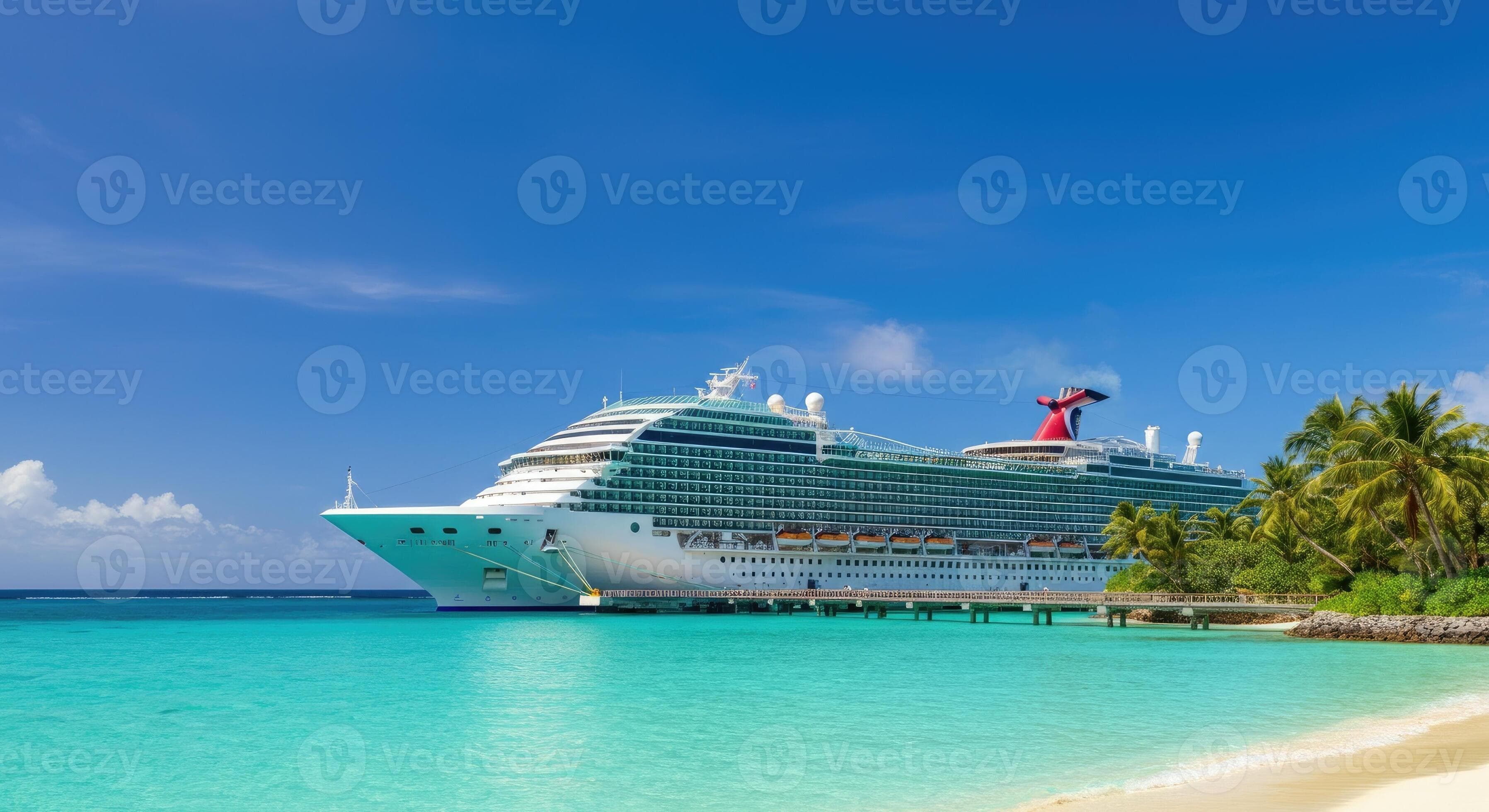 Large cruise ship docked at tropical island with clear blue water and palm trees