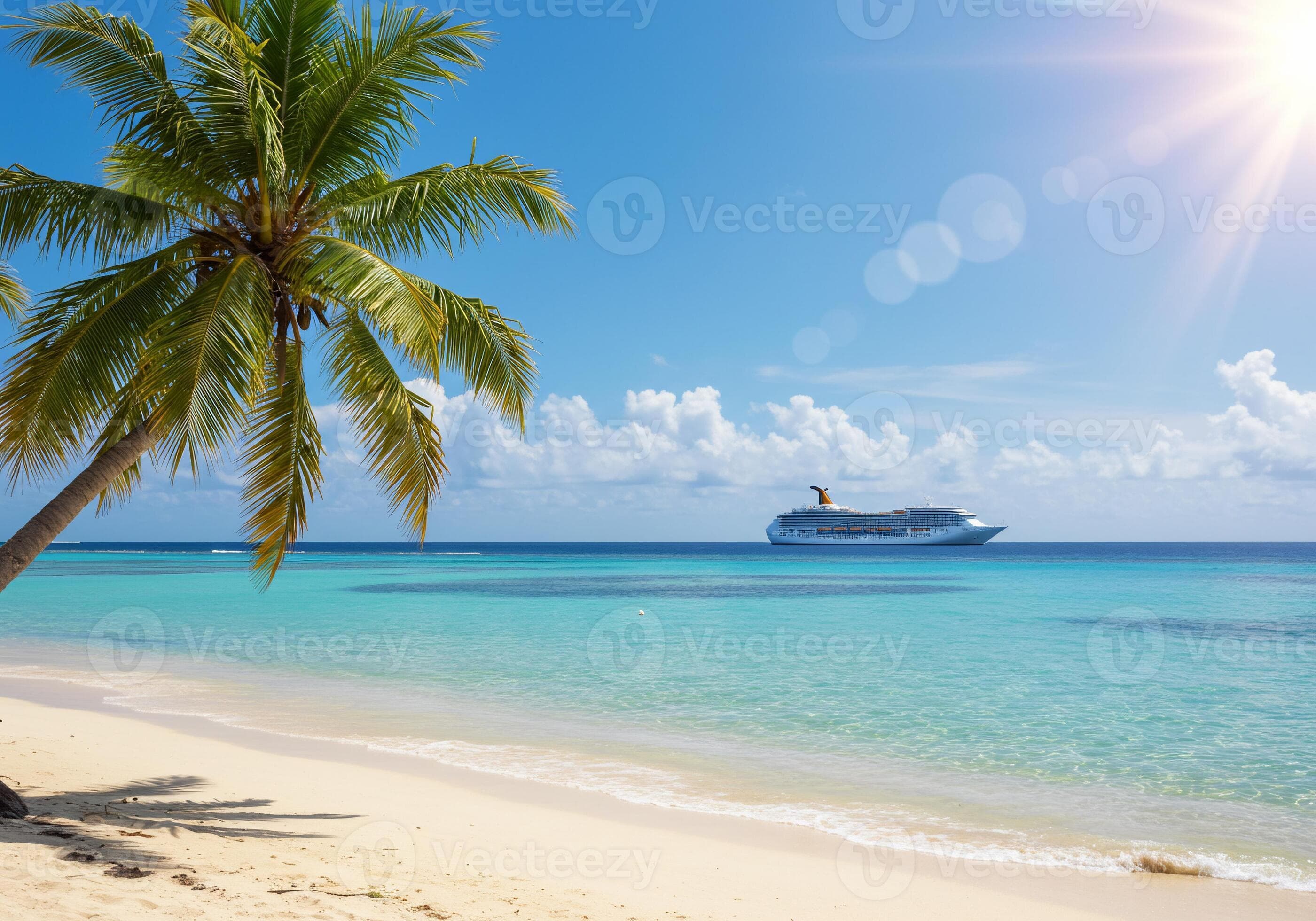 Tropical Beach Paradise with Cruise Ship and Palm Tree
