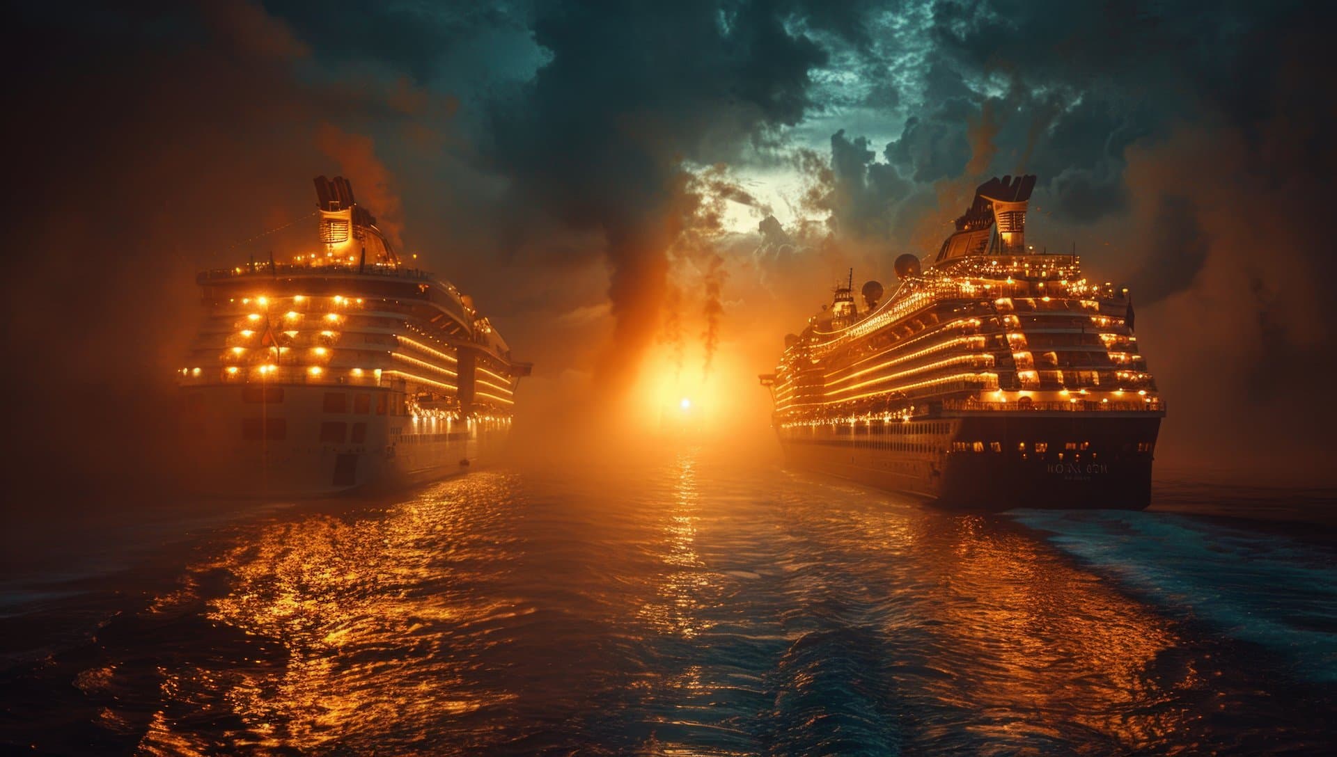 Cruise ships sailing at night illuminated on the ocean