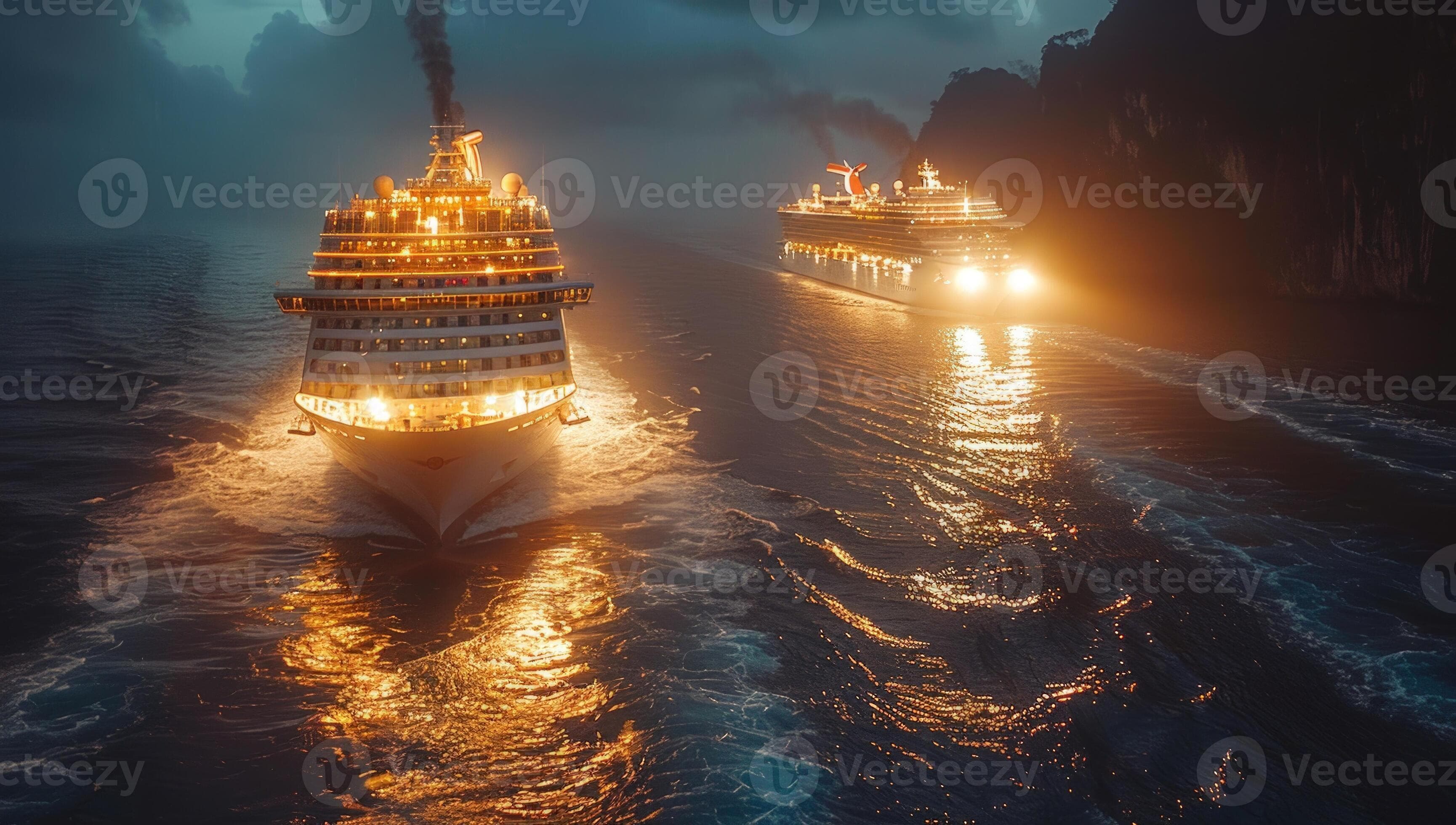 Cruise ships sailing at night illuminated on the ocean