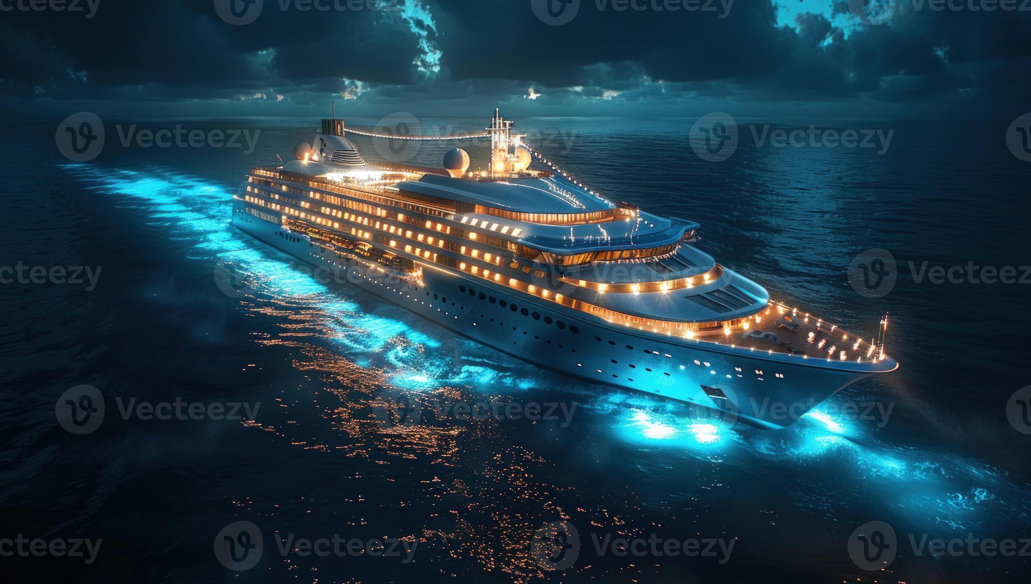 Illuminated cruise ship sailing on dark ocean at night for luxury travel and holiday concepts