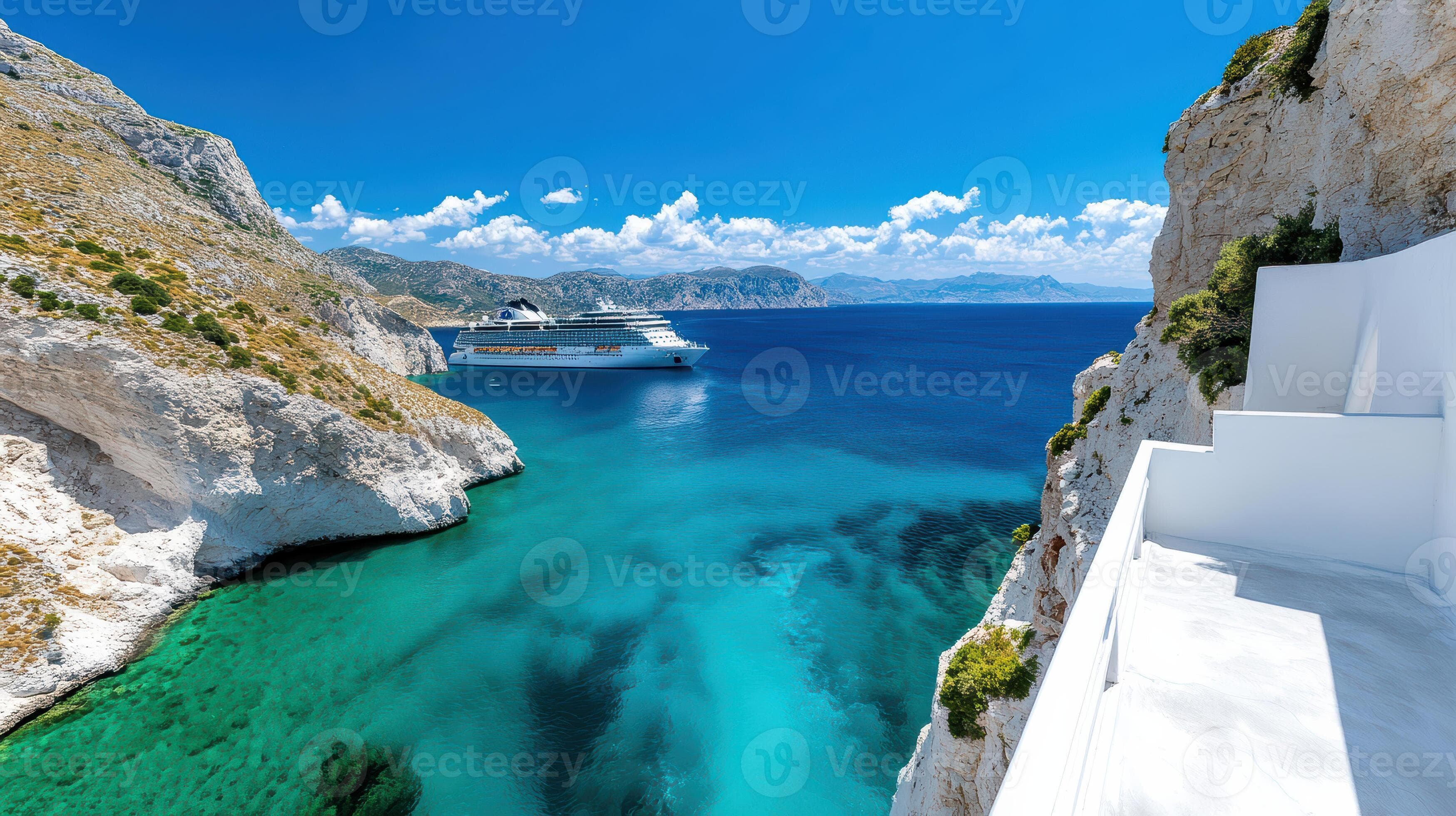 scenic view of cruise ship sailing through Mediterranean Sea, surrounded by cliffs and clear