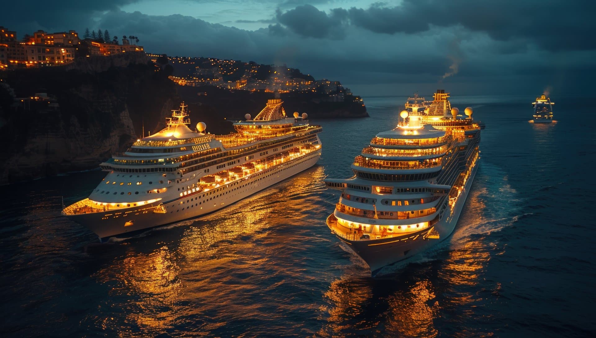 Cruise ships at night luxurious sea travel holiday and vacation
