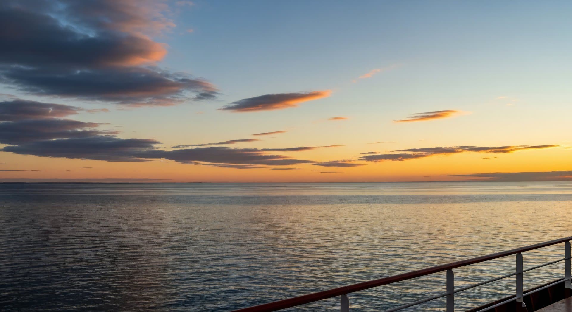 Nature background, Nature wallpaper, Serene ocean vista at sunset with colorful clouds and a ship's railing