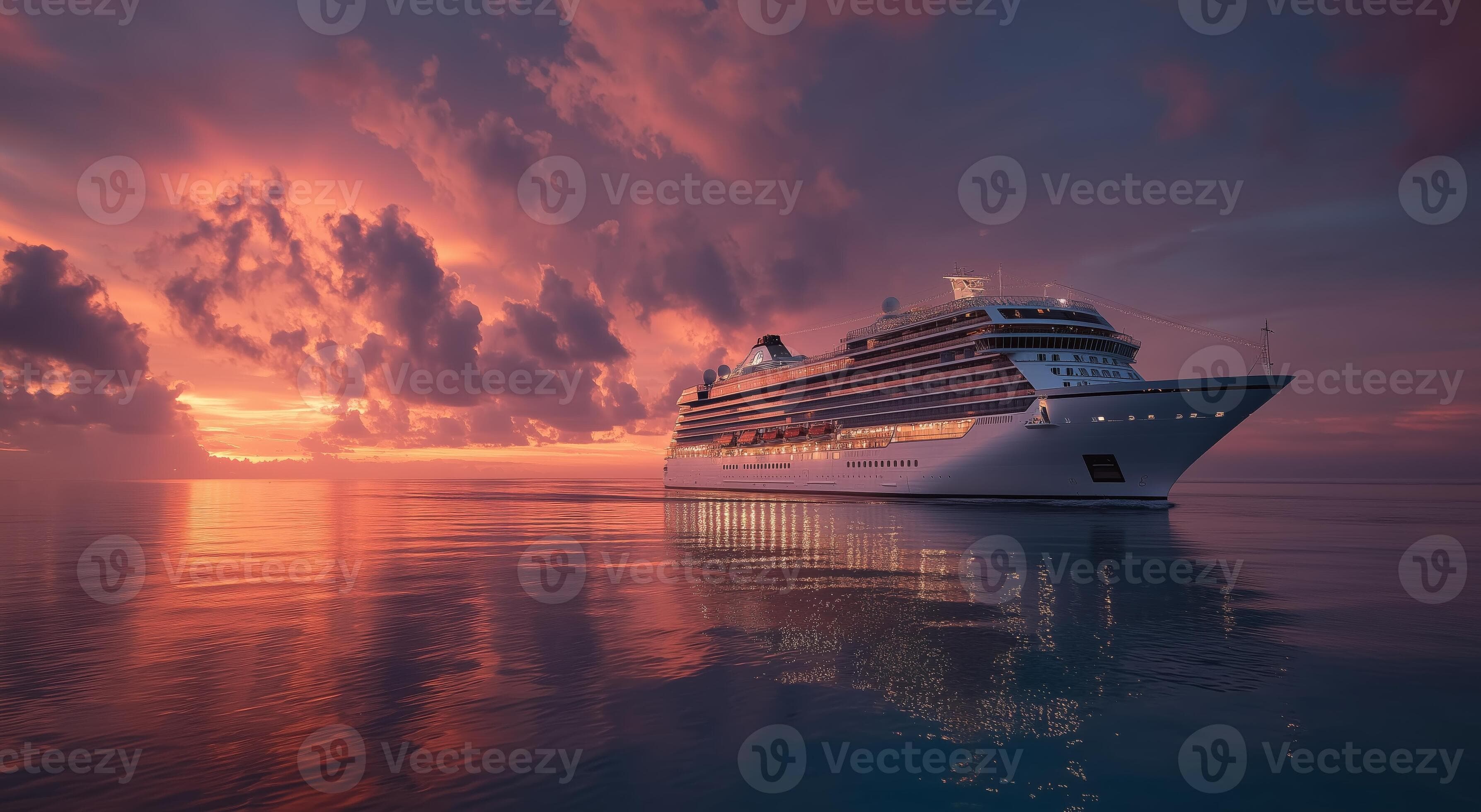 Cruise Ship Sailing Through Calm Waters During a Vibrant Sunset Over the Ocean.
