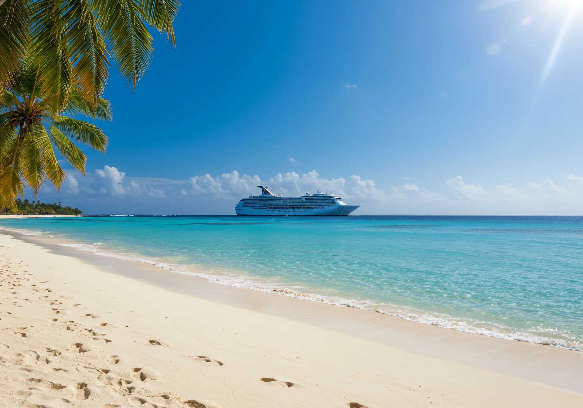 Palm-fringed white sand beach with a cruise ship on turquoise water